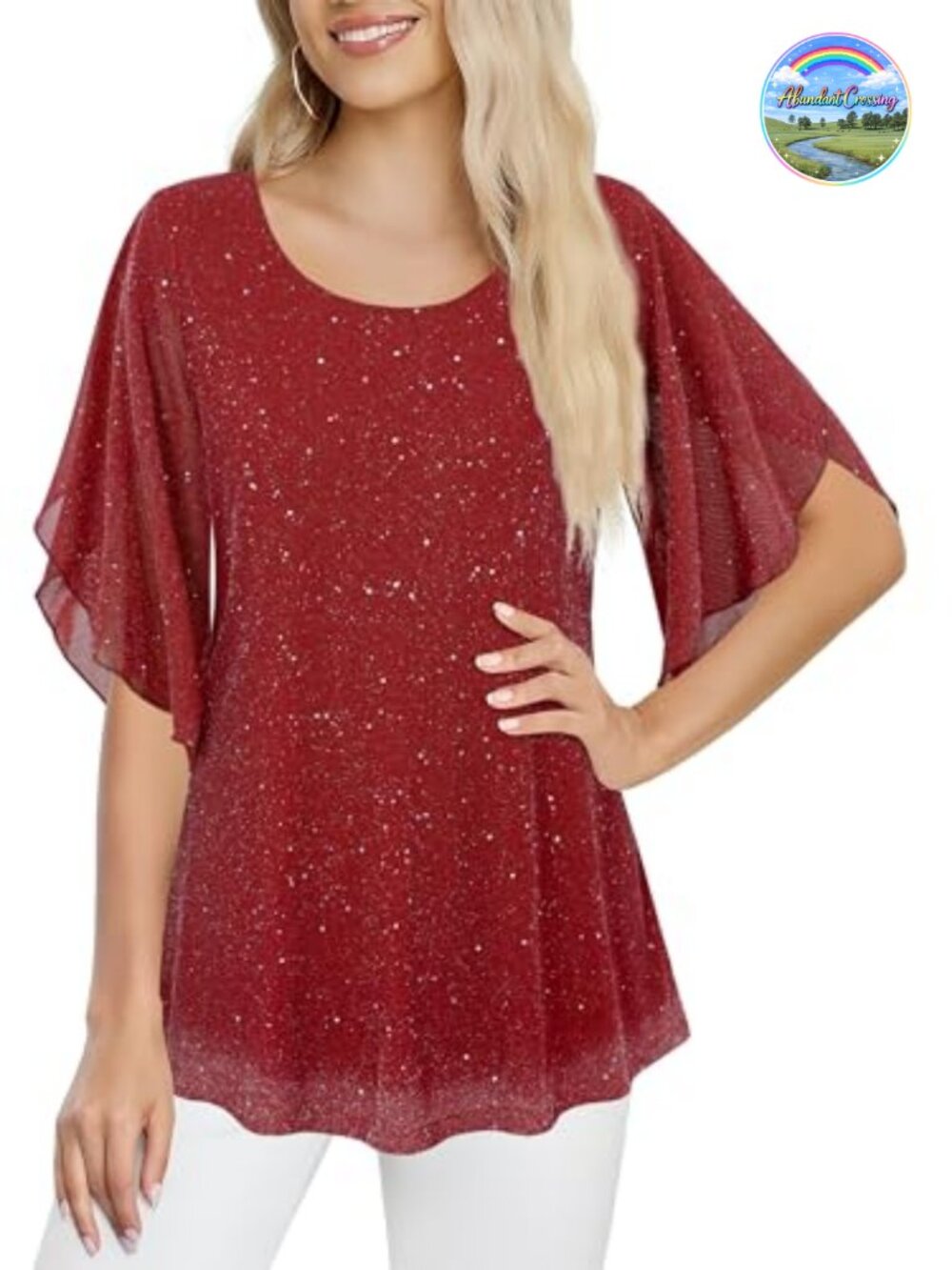 Women's 3/4 Sleeve Mesh Tunic Blouse Sequin Formal Party Top